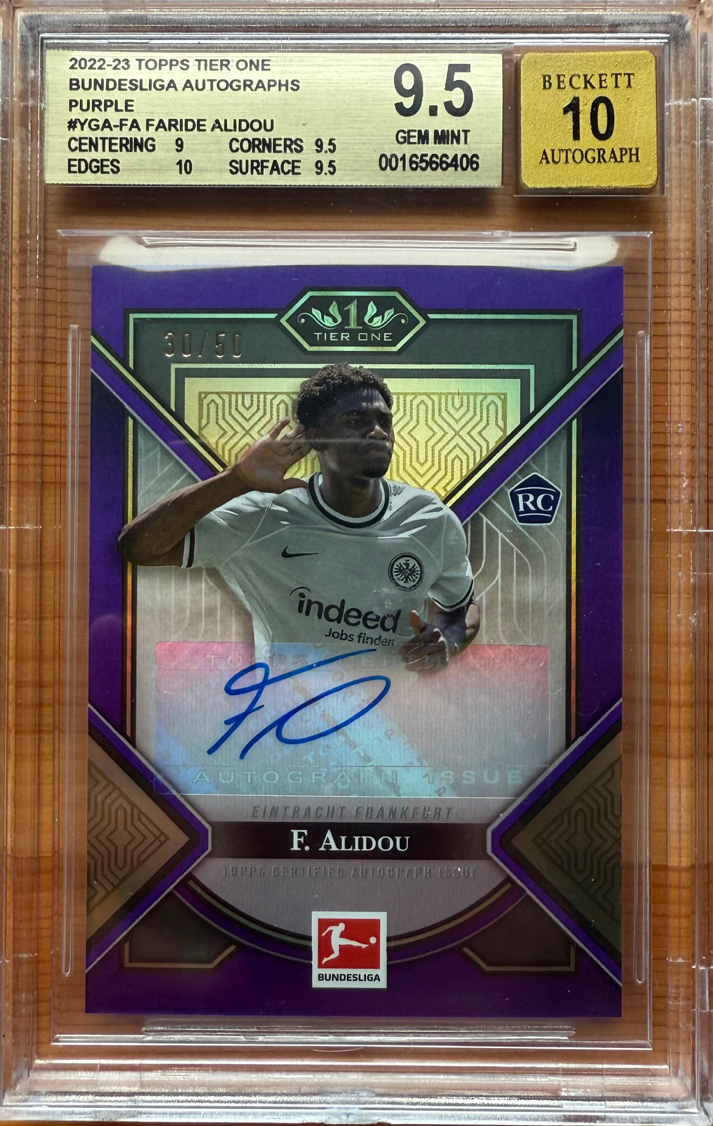 Beckett 9.5 Auto 10 2022-23 TOPPS TIER ONE
BUNDESLIGA AUTOGRAPHS
PURPLE
#YGA-FA FARIDE ALIDOU 30/50