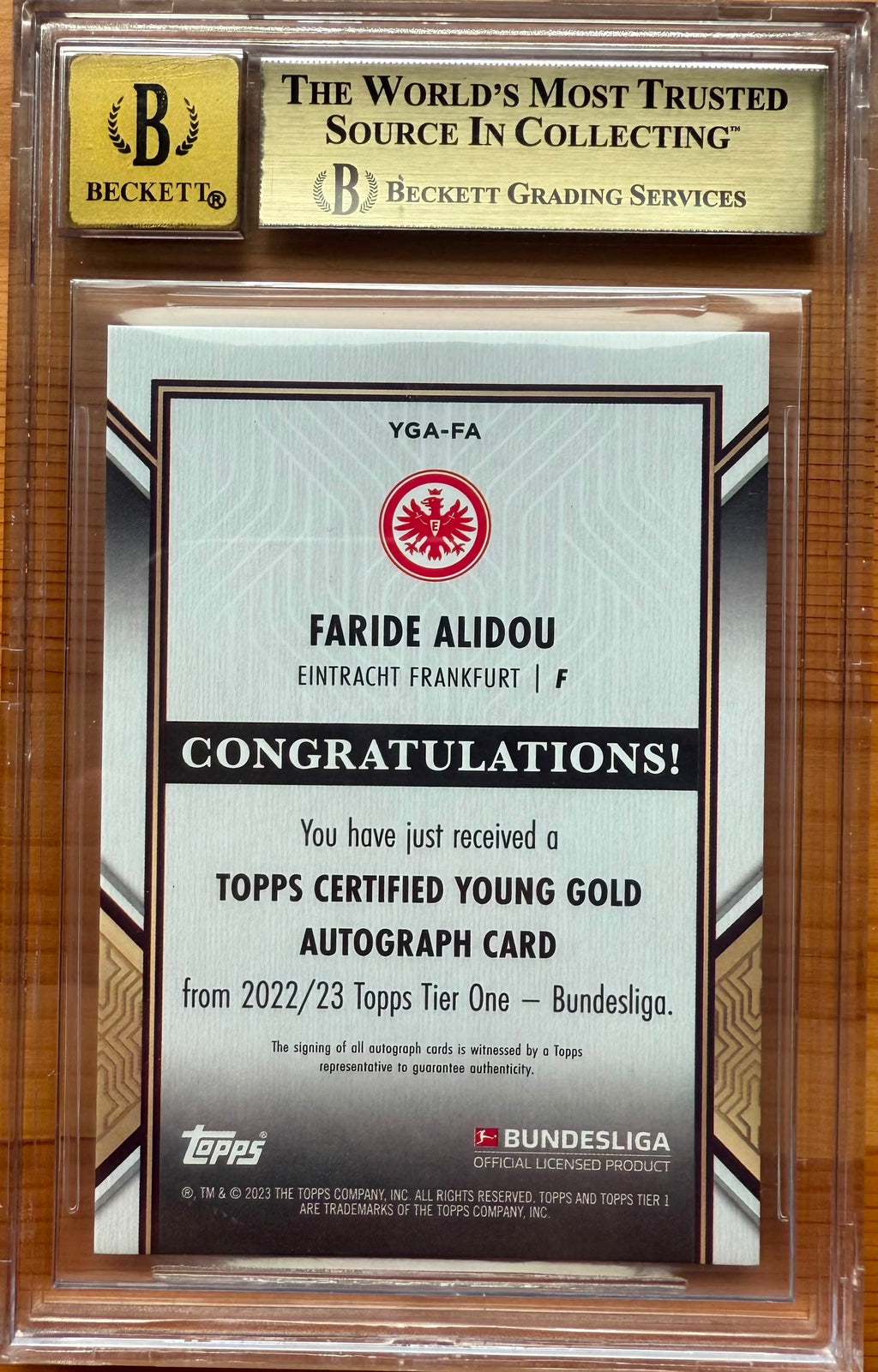 Beckett 9.5 Auto 10 2022-23 TOPPS TIER ONE
BUNDESLIGA AUTOGRAPHS
PURPLE
#YGA-FA FARIDE ALIDOU 30/50