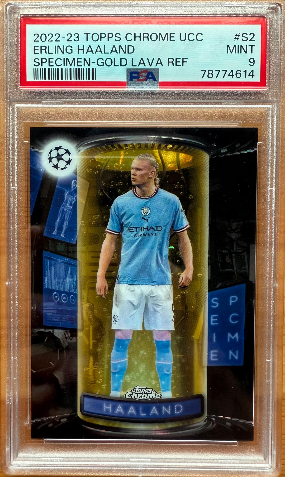 PSA 9. 2022-23 TOPPS CHROME UCC
ERLING HAALAND
SPECIMEN-GOLD LAVA REF CASE HIT 1:960