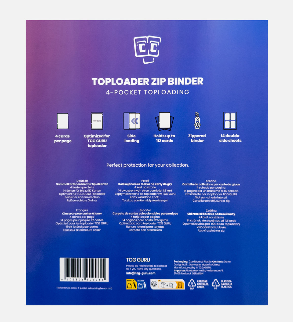 TCG Guru 4- Pocket Toploader Zip Binder
Turquoise