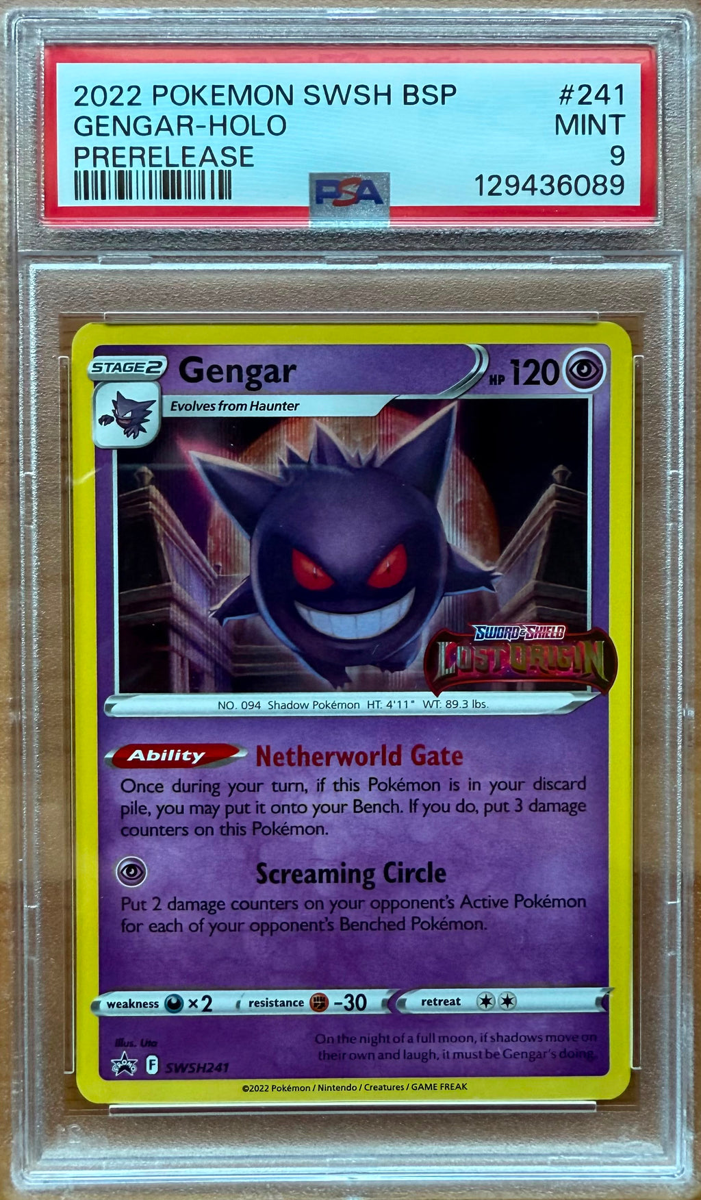 2022 POKEMON SWSH BSP GENGAR-HOLO PRERELEASE PSA 9