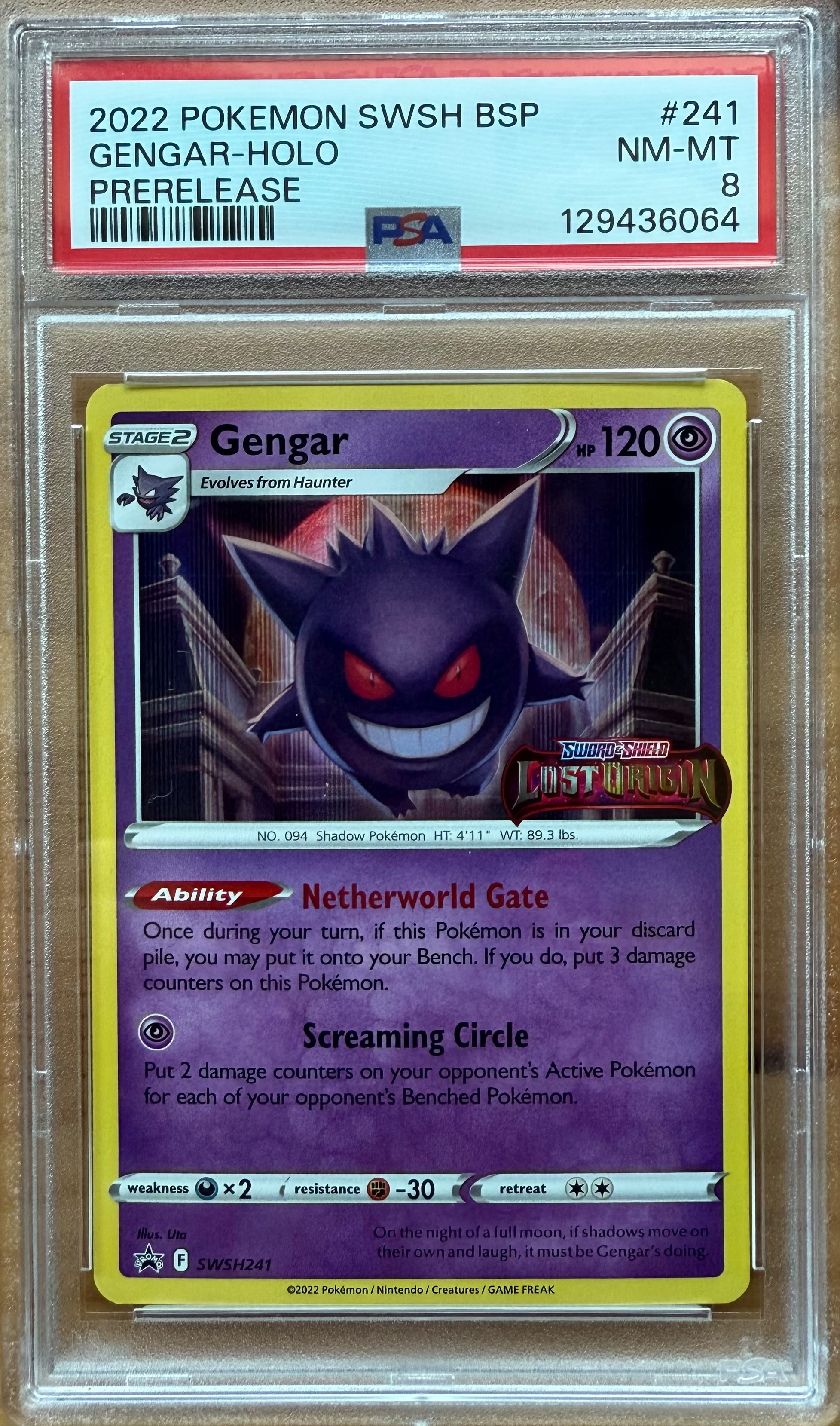 2022 POKEMON SWSH BSP GENGAR-HOLO PRERELEASE PSA 8