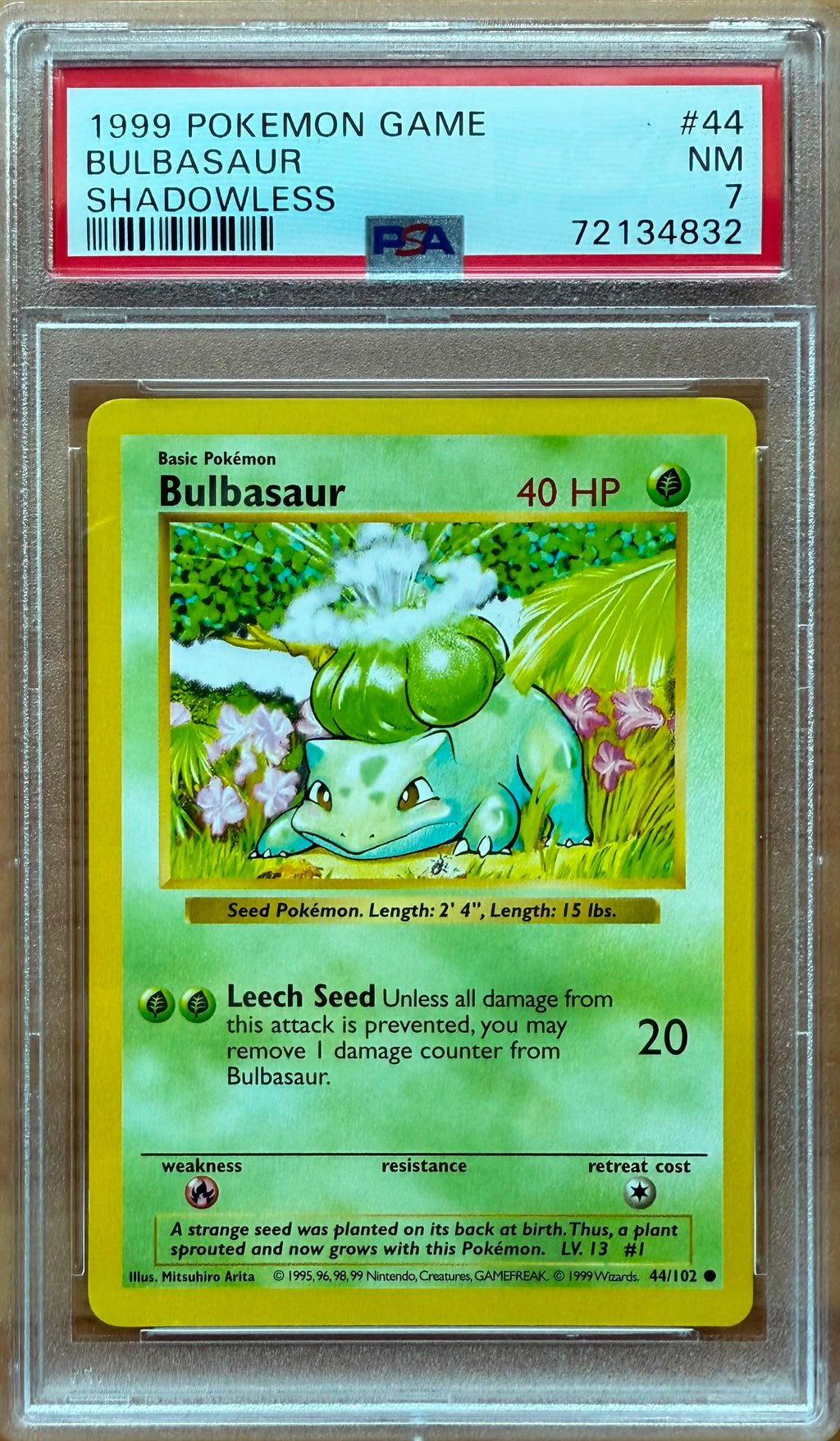 1999 POKEMON GAME
BULBASAUR SHADOWLESS PSA 7