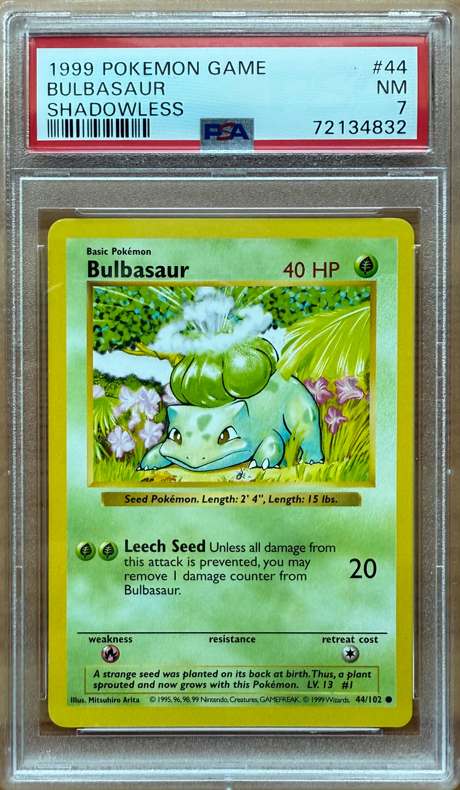 1999 POKEMON GAME
BULBASAUR SHADOWLESS PSA 7
