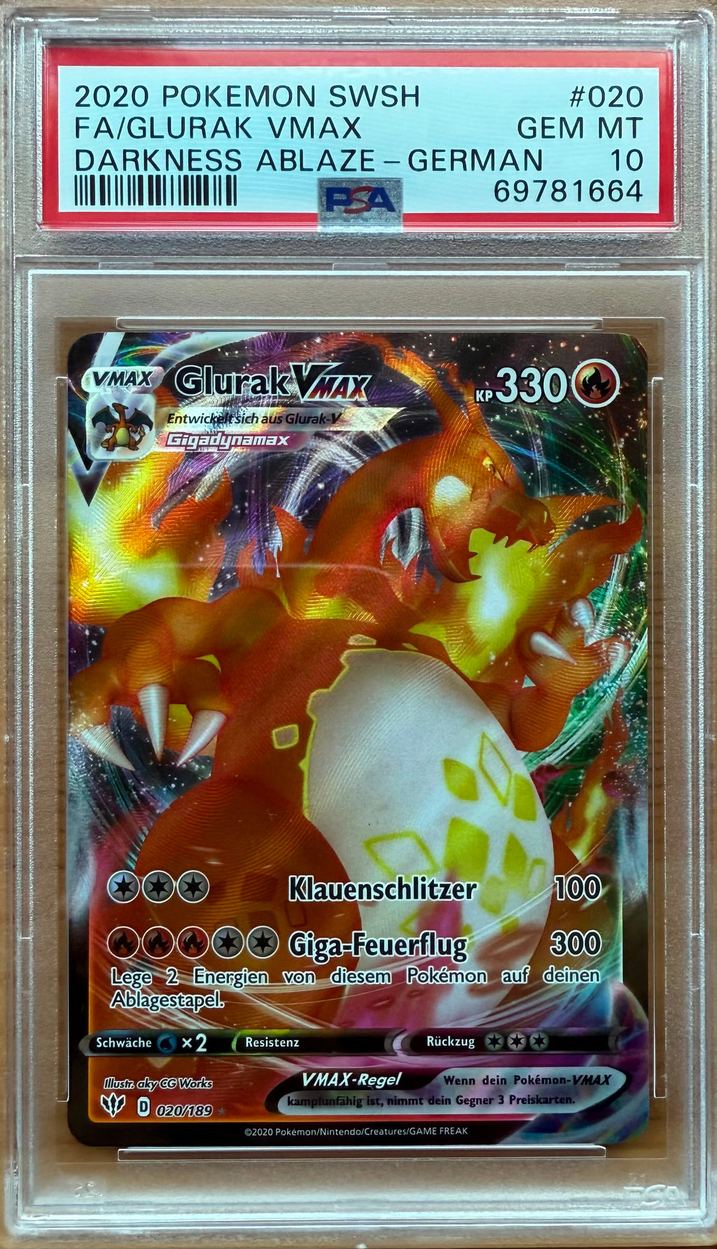 2020 POKEMON SWSH
FA/GLURAK VMAX
DARKNESS ABLAZE - GERMAN PSA 10