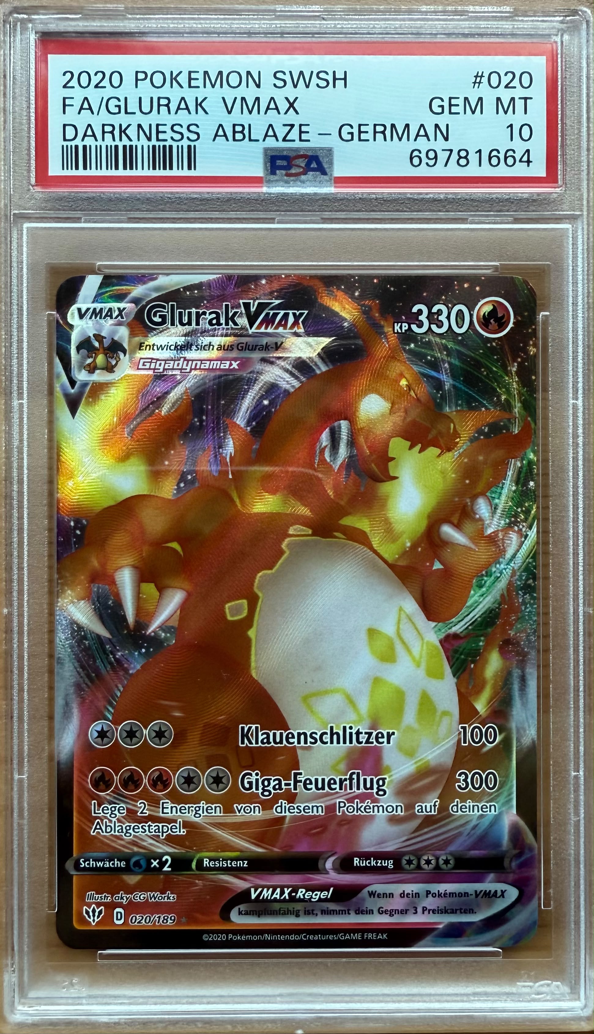 2020 POKEMON SWSH
FA/GLURAK VMAX
DARKNESS ABLAZE - GERMAN PSA 10