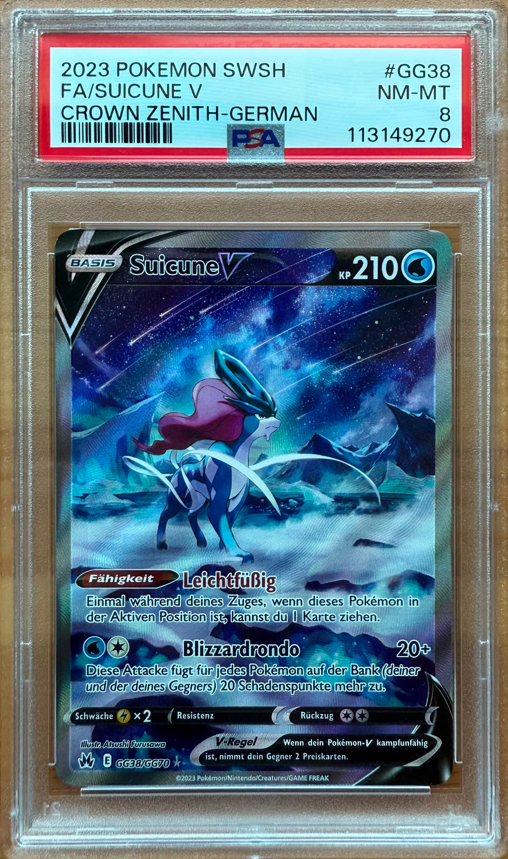2023 POKEMON SWSH
FA/SUICUNE V
CROWN ZENITH-GERMAN PSA 8